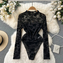 Mesh Lace Slim Bodysuit Chic Long Sleeve Fashion Jumpsuits