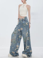 Fashion Printed Jeans Retro Floral Denim Trousers Style Wide-leg Jean Pants