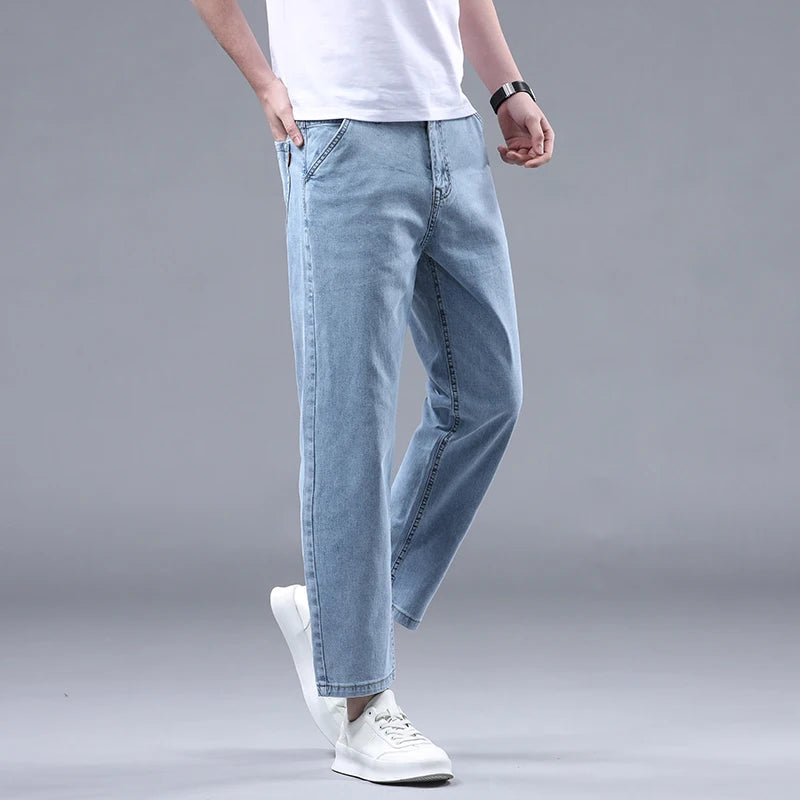 Straight Thin Jeans for Men Classic Style Stretch Ankle-Length Pants