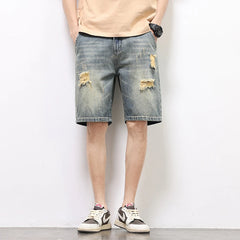 Summer Men's Vintage Denim Shorts Ripped Holes Baggy Straight Casual