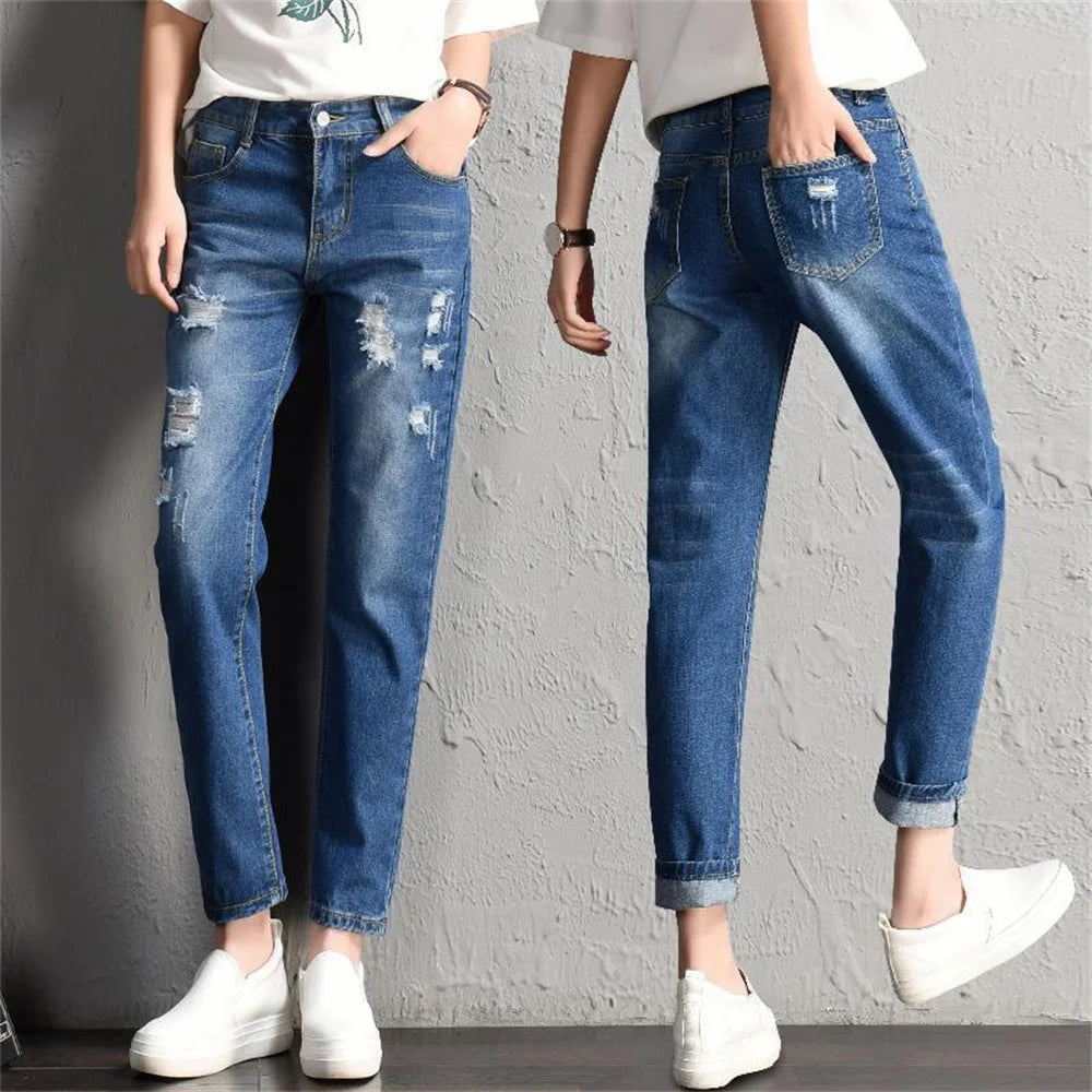 Fashion Mid Waist Boyfriend Big Ripped Hole Casual High Street Denim