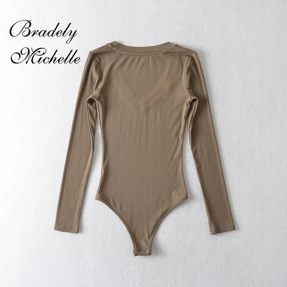 Top Clothing Solid V-Neck Long Sleeve Pullover Bodysuit