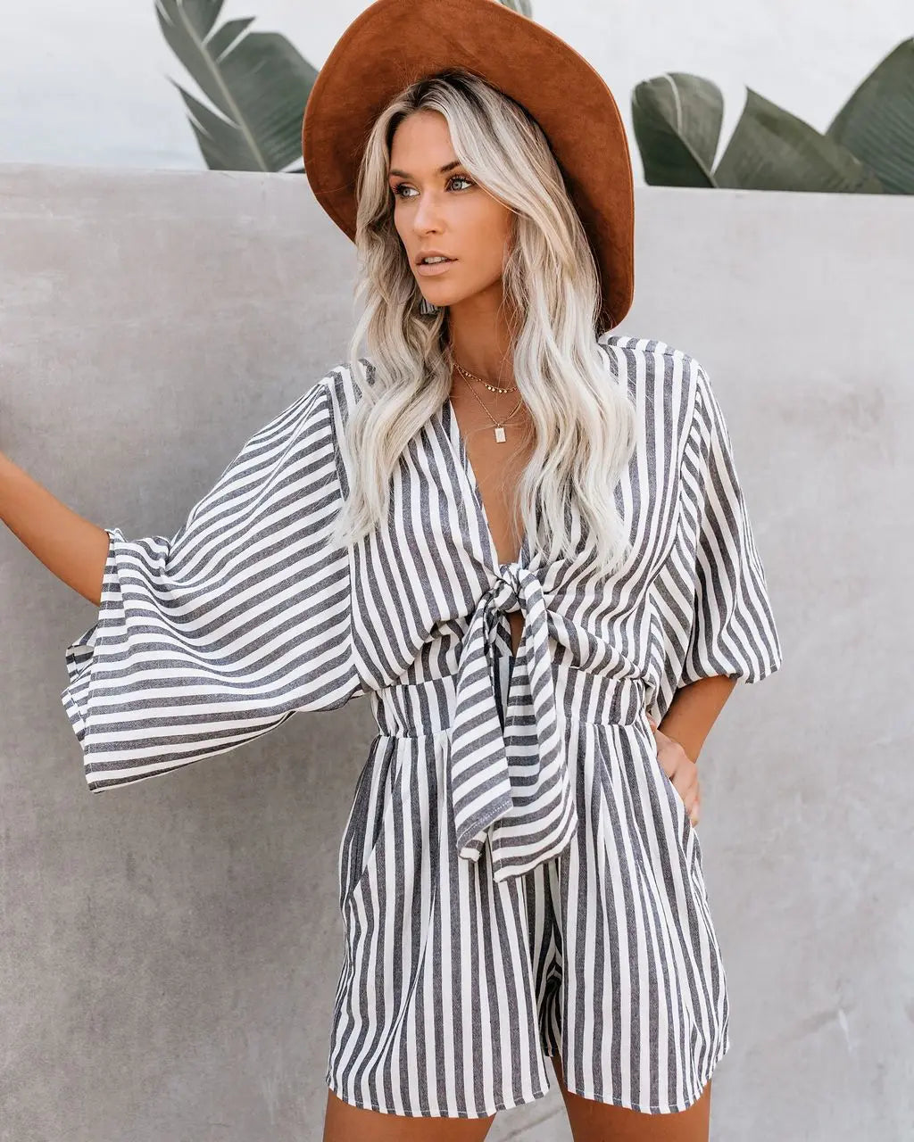 Striped Wide Leg Rompers Deep V Neck Sleeve Loose Jumpsuits