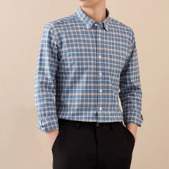 Men's Cotton Striped Checkered Long Sleeve Oxford Shirt