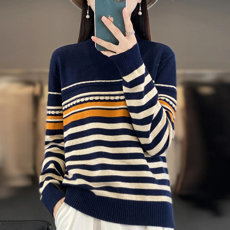 Half-high Collar Color Strip Pullover Casual Knit Base Shirt Warm Top