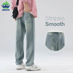 Classic Retro Stripes Men's Jeans Baggy Straight Denim Pants