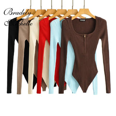 Women's Slim Double Square Neck Half Zip Long Sleeve