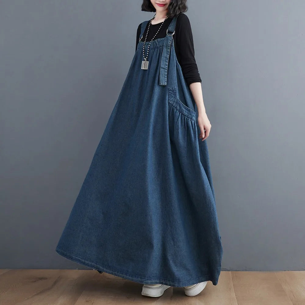 Women Fashion Long Retro Denim Suspender Skirt Dresses