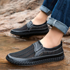 Summer Genuine Leather Men Flat Breathable Mesh Shoes