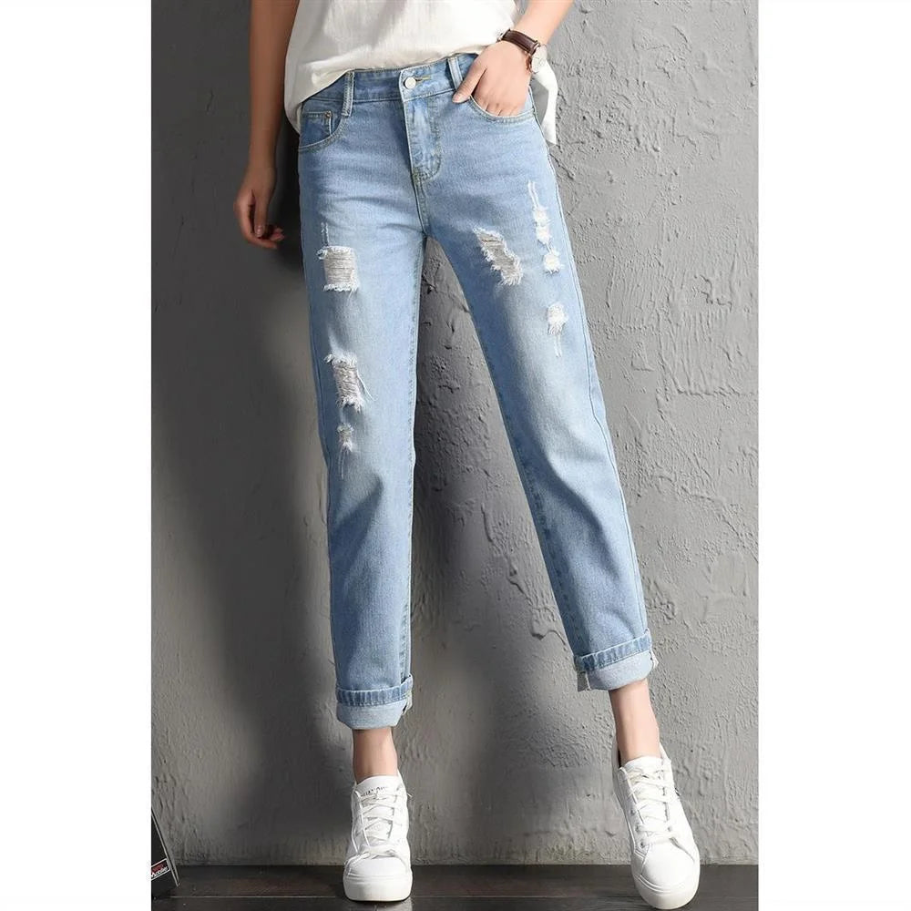 Fashion Mid Waist Boyfriend Big Ripped Hole Casual High Street Denim