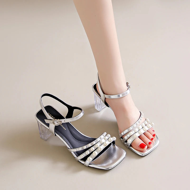 Heels Sandals 6.5cm Women Buckle Leather Summer