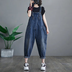 Woman Vintage Solid Color Denim Sleeveless Overalls