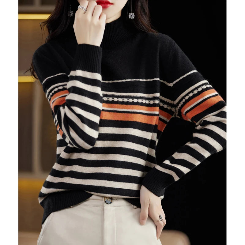 Half-high Collar Color Strip Pullover Casual Knit Base Shirt Warm Top