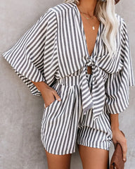 Striped Wide Leg Rompers Deep V Neck Sleeve Loose Jumpsuits