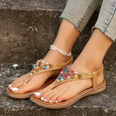 Bohemia Elastic Band Summer Flat Heel Sandals Colorful Beads