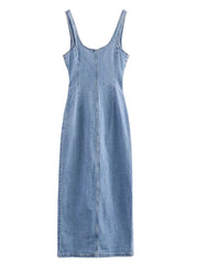 Women front buttons denim midi camisole dress vintage round neck