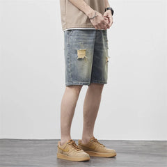 Summer Men's Vintage Denim Shorts Ripped Holes Baggy Straight Casual