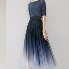Elegant Tulle High Waist Gradient Mesh Pleated Midi Skirt