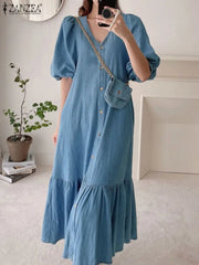 Fashion Retro Women Dress Summer Puff Sleeve Maxi Casual