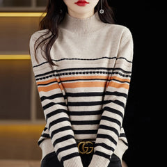 Half-high Collar Color Strip Pullover Casual Knit Base Shirt Warm Top