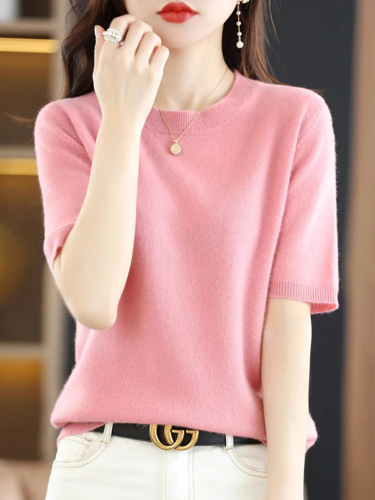 Short-sleeved Knitwear Women O-neck T-shirt Blend Pullover Sweater