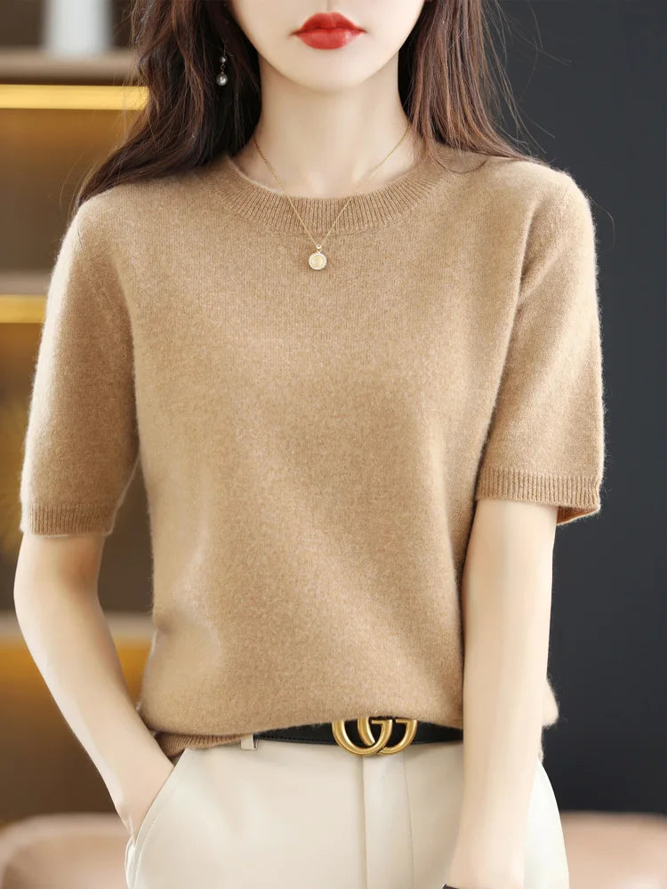 Short-sleeved Knitwear Women O-neck T-shirt Blend Pullover Sweater