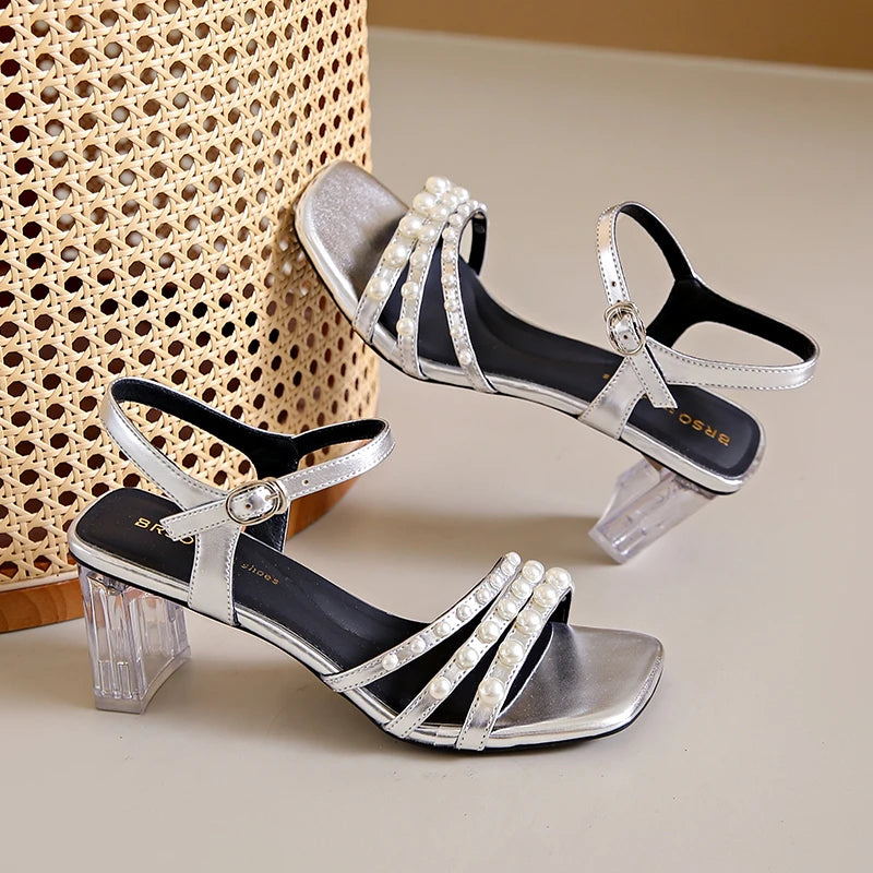 Heels Sandals 6.5cm Women Buckle Leather Summer