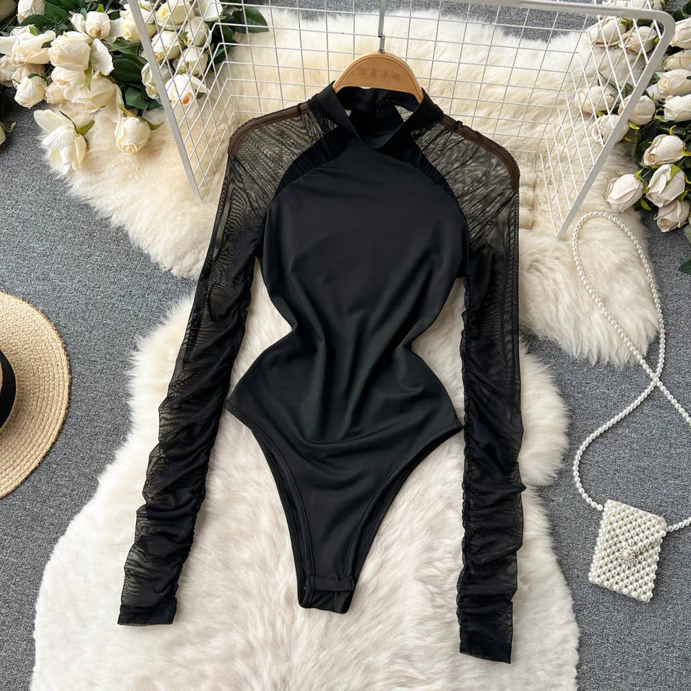 Solid Bodysuit Fashion Long Sleeve O-neck One Piece Basic