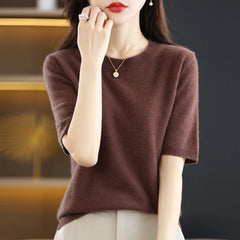 Short-sleeved Knitwear Women O-neck T-shirt Blend Pullover Sweater