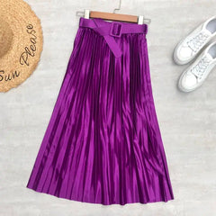 Solid Elegant Stain Women's Pleated High Waist Skirts