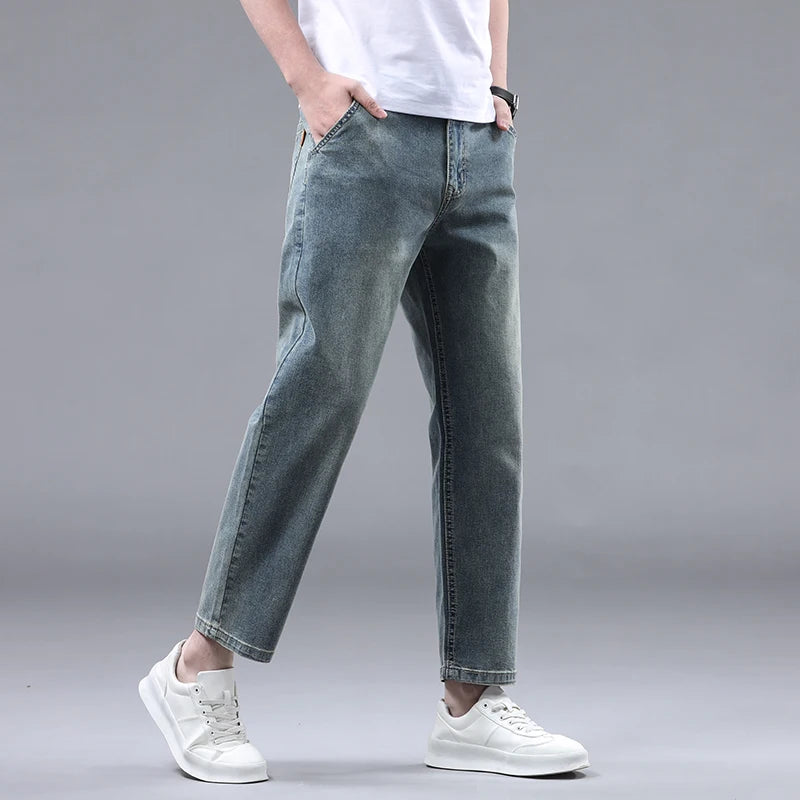 Straight Thin Jeans for Men Classic Style Stretch Ankle-Length Pants