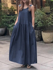 Summer Casual O-neck Sleeveless Loose Solid Long Dress