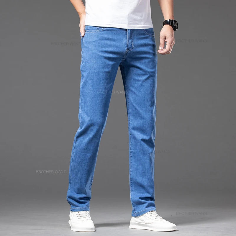 Plus Size Men's Thin Jeans Classic Straight Loose Elastic Denim Pants