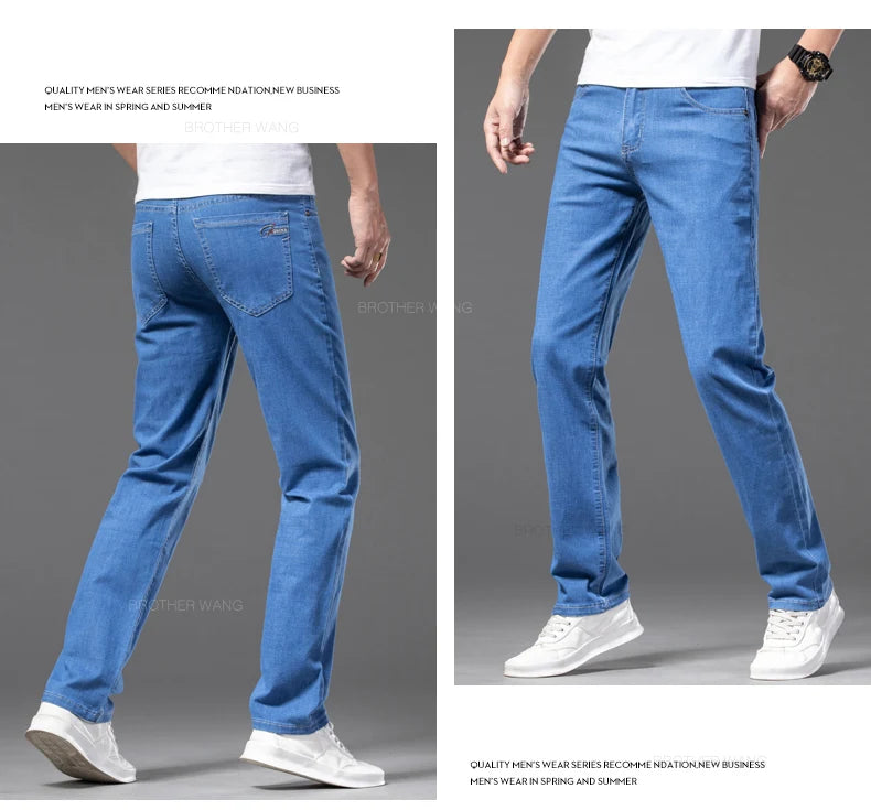 Plus Size Men's Thin Jeans Classic Straight Loose Elastic Denim Pants