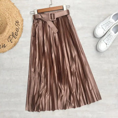 Solid Elegant Stain Women's Pleated High Waist Skirts