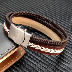 Style Brown Multilayer Man Bracelet Braided Rope Stainless Steel