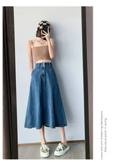 Streetwear Lady Denim Mid Length Skirt Casual High Waist