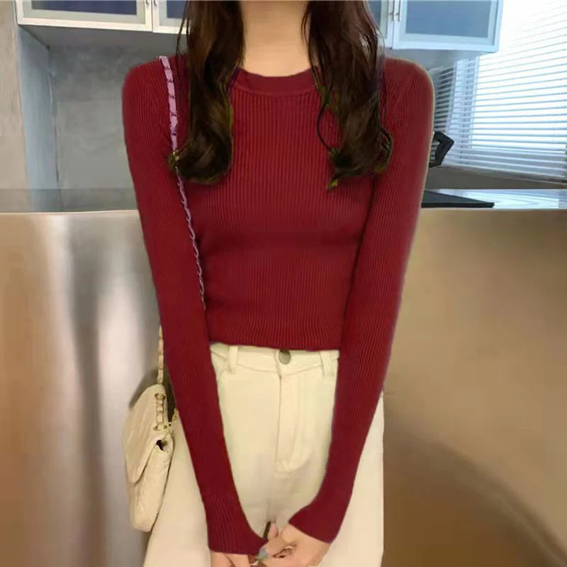 Basic Round Neck Knit Sweater Long-sleeved Solid Color Slim Fit