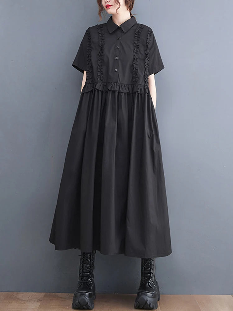 Patchwork Shirt Short Sleeve Loose Casual Vintage Long Dress