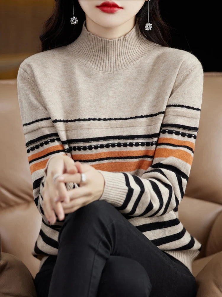 Half-high Collar Color Strip Pullover Casual Knit Base Shirt Warm Top