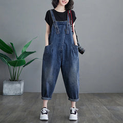 Woman Vintage Solid Color Denim Sleeveless Overalls