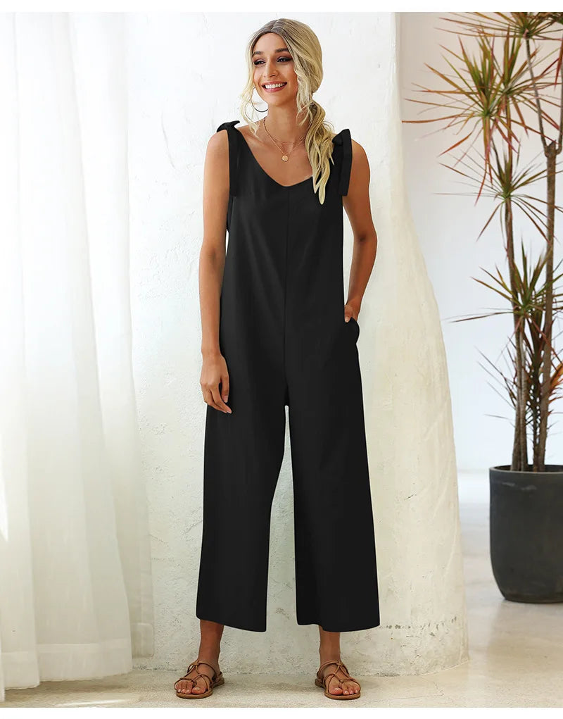 Boho Backless Sleeveless Loose Jumpsuit Vintage Cotton Solid Wide Leg