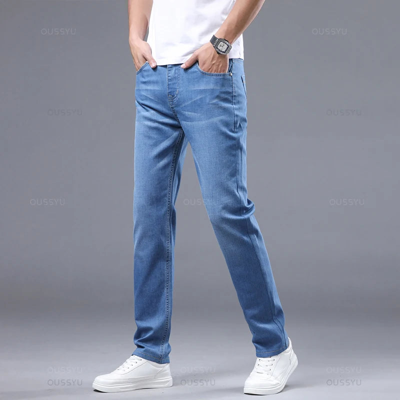 Men's Jeans Straight Blue Jean Casual Business Denim Trousers