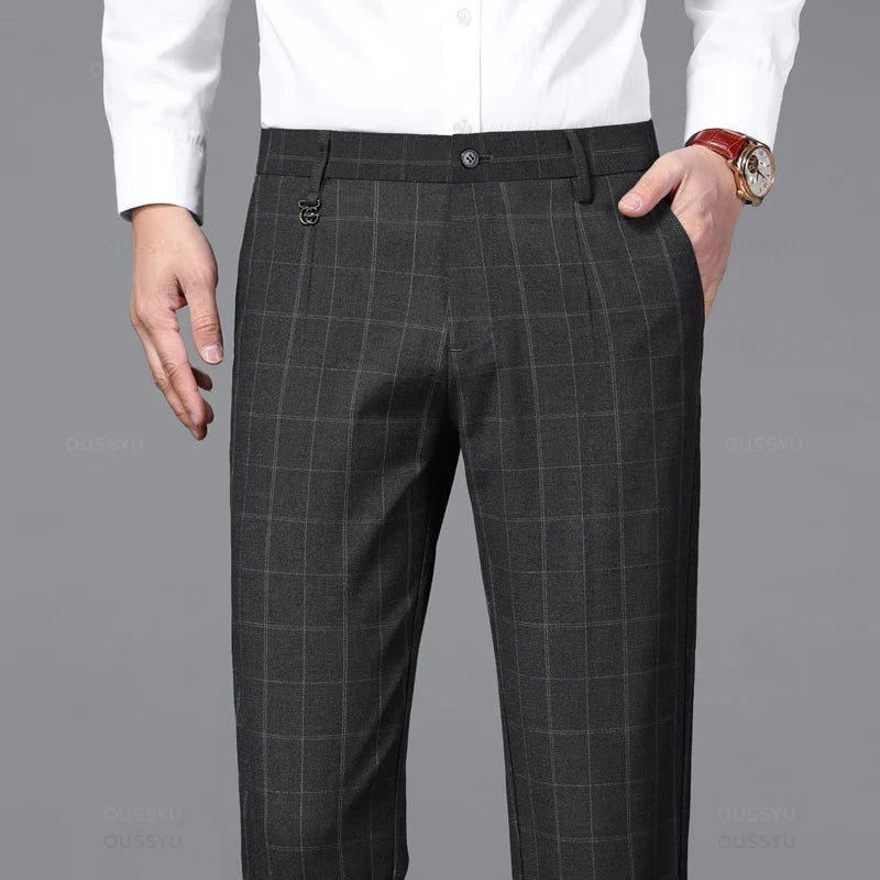 Plaid Stretch Men Business Fashion Casual Pants