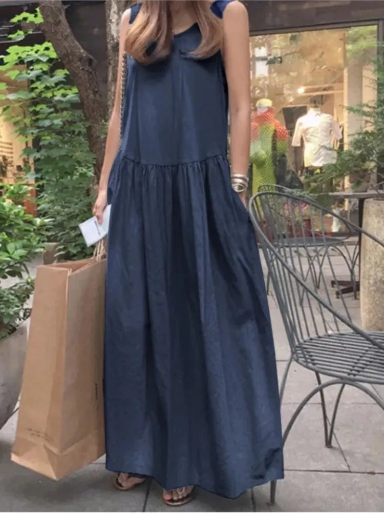 Summer Casual O-neck Sleeveless Loose Solid Long Dress