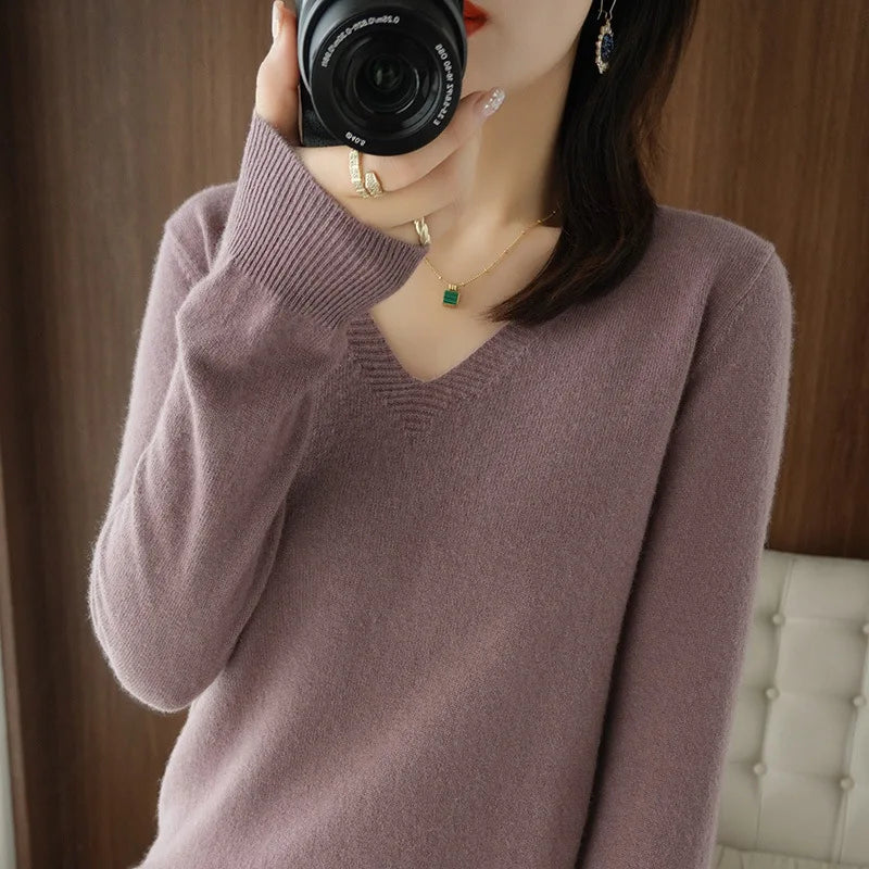 Women's Sweater Knitted Pullovers V-neck Slim Fit Jumpers Basic