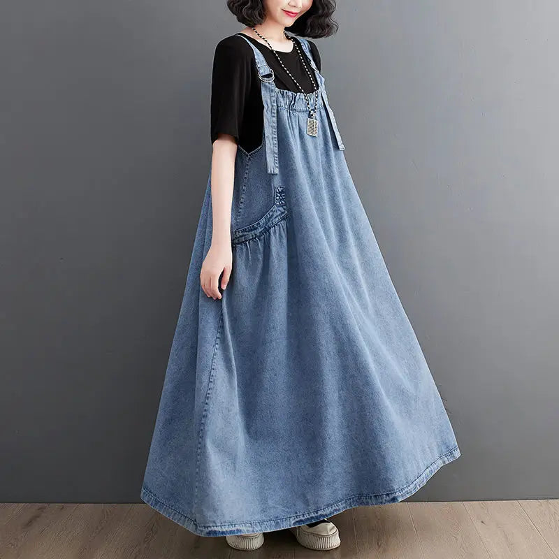 Denim Suspender Long Skirt Loose Casual Punk Vintage Style