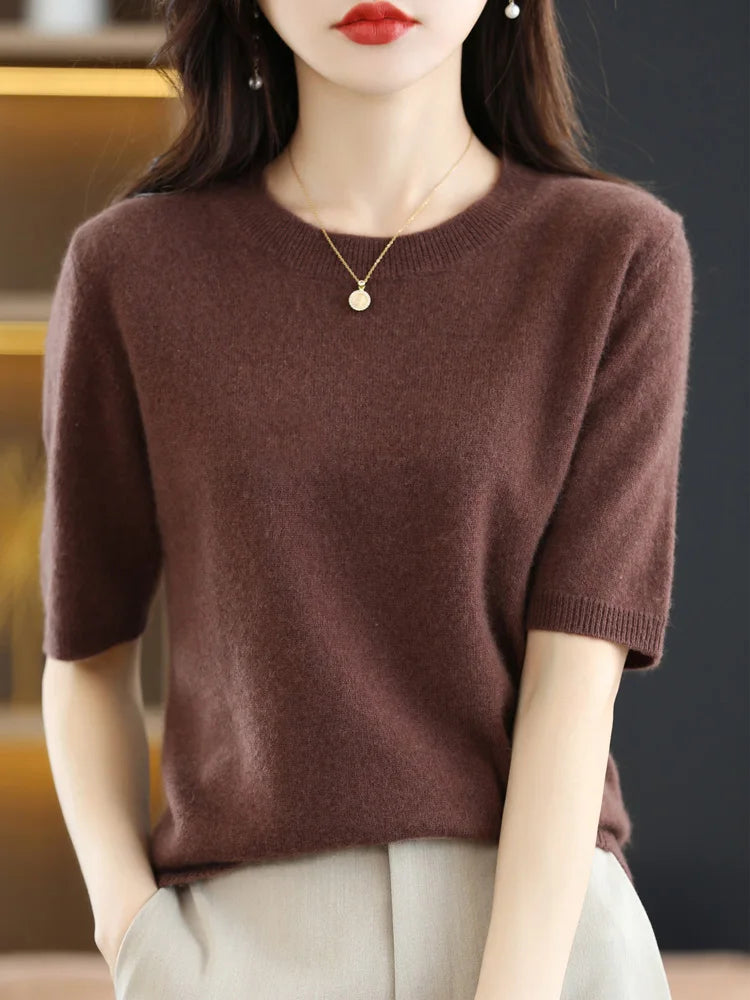 Short-sleeved Knitwear Women O-neck T-shirt Blend Pullover Sweater