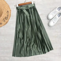 Solid Elegant Stain Women's Pleated High Waist Skirts