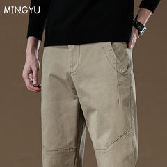 Men's Cargo Work Pants Cotton Thick Solid Color Wear Casual Trousers